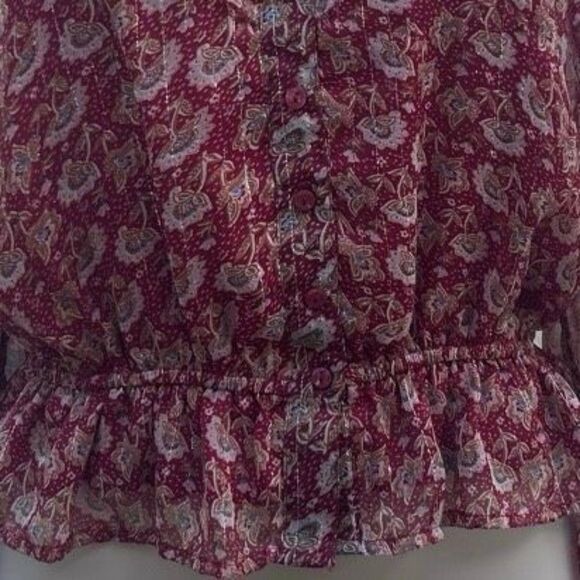 American Eagle Outfitters Blouse Women's Medium Burgundy Floral Chiffon Ruffle - Picture 5 of 13
